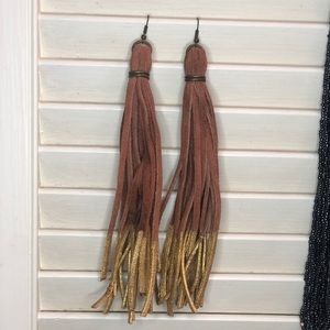 Brown suede and gold dipped tassel earrings
